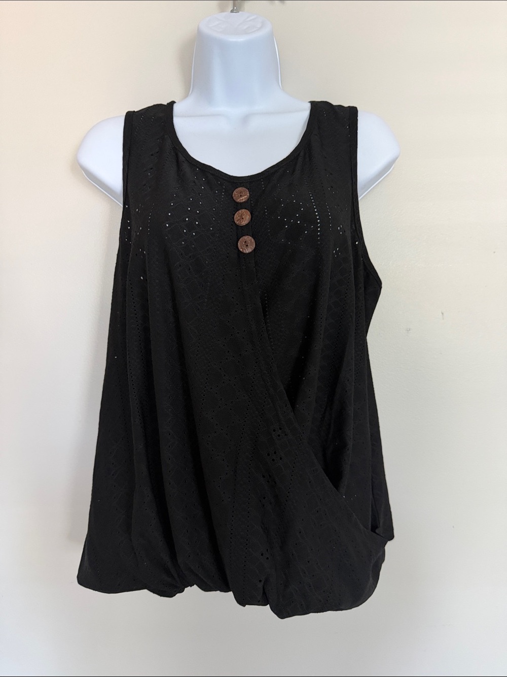 Black Eyelet Wrap-Style Tank with Decorative Buttons